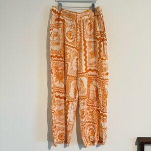 NWT Nicole Miller Artelier Linen Pant Stamps Yellow Size Large Drawstring